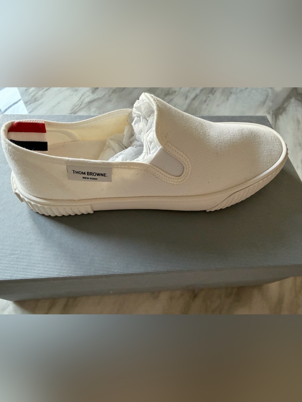 Thom Browne White Canvas Slip-On Sneakers with Tricolor Heel Tab